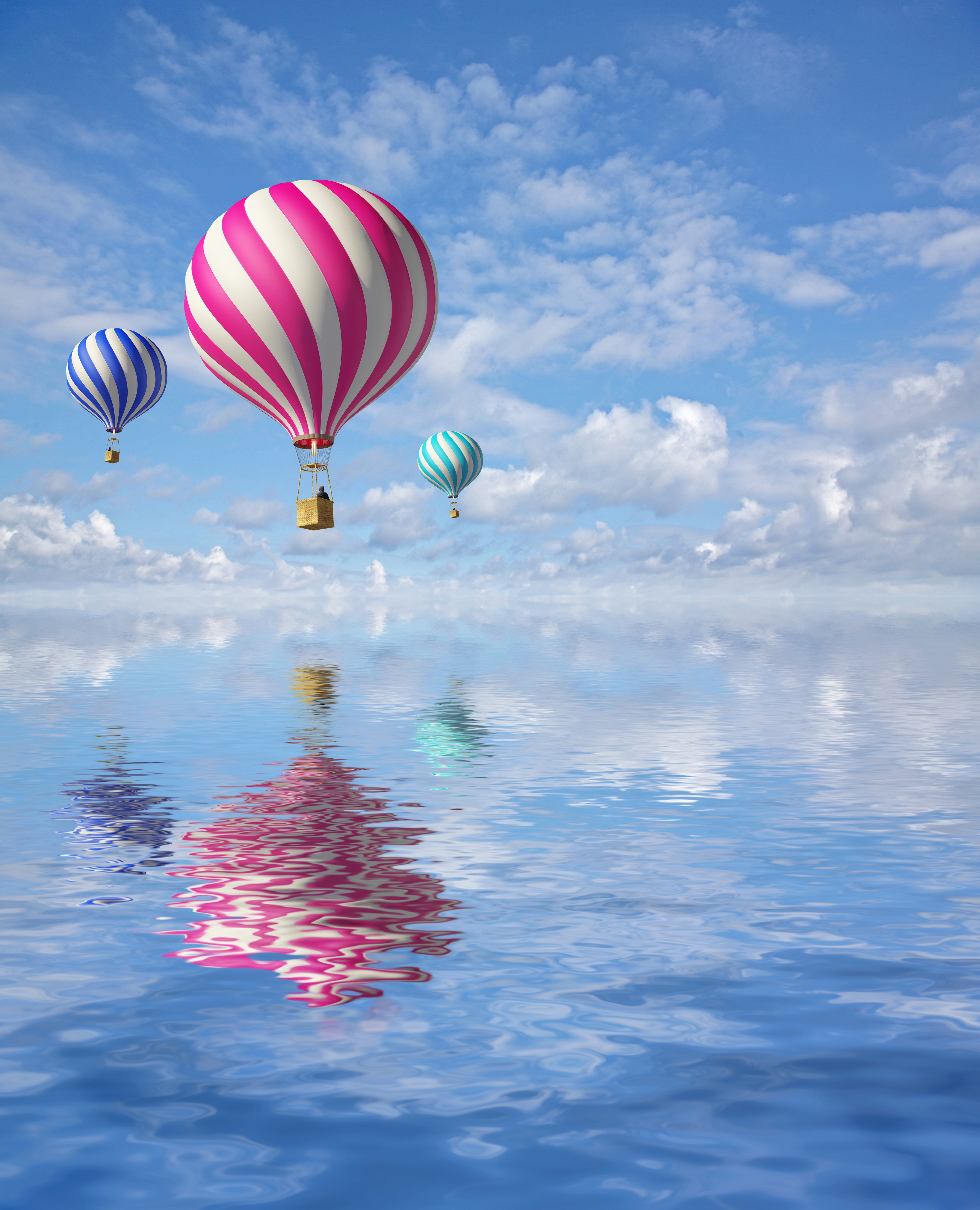 3d balloons in the blue sky and reflection in water